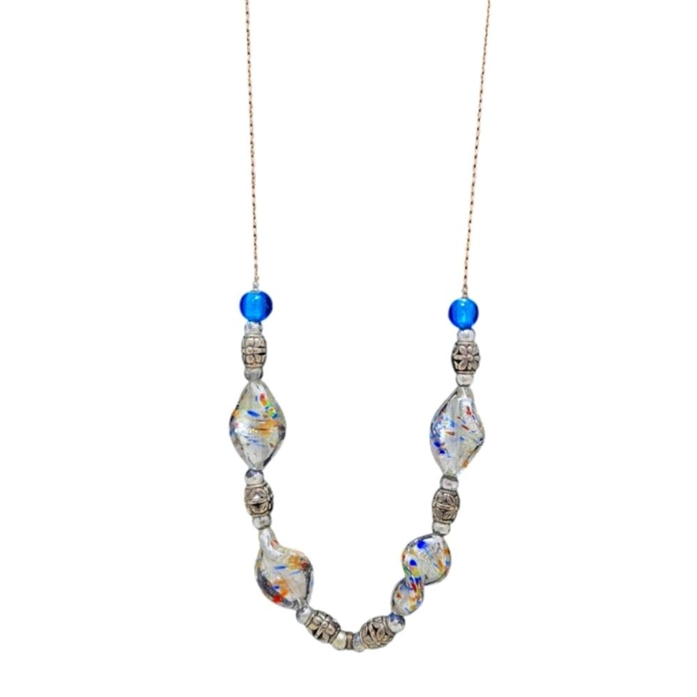 Silver Blue Glass Twisted Bead Necklace Elegant Statement Cocktail Evening Wear - Picture 2 of 4